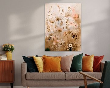 Champ de fleurs sauvages en sépia et rose saumoné sur Studio Pieternel