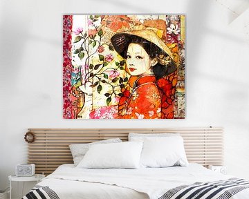 Chinees meisje met strohoed. Collage van Ineke de Rijk
