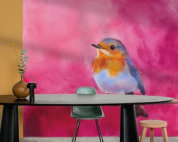 Roodborst vogel acryl artistiek roze