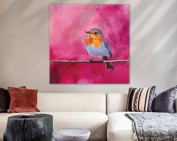 Roodborst vogel acryl artistiek roze van TheXclusive Art