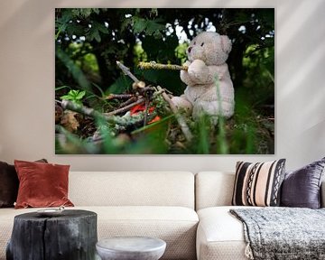 Bear sitting by campfire. by Sailographic Paula
