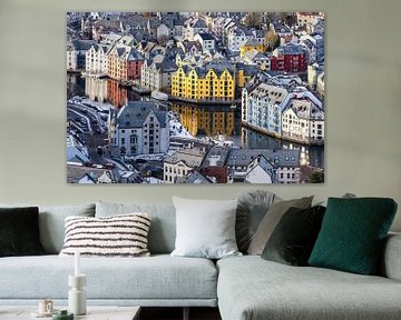 Sailing ships and art nouveau houses in the town of Ålesund in Norw by Rico Ködder