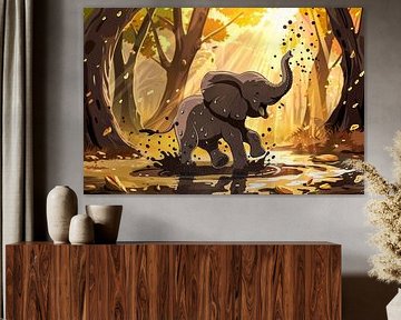 Baby elephant in muddy autumn forest