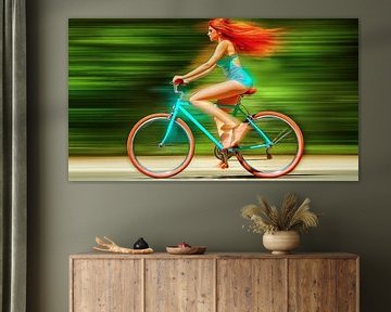 Roodharige vrouw op turquoise fiets van Frank Heinz