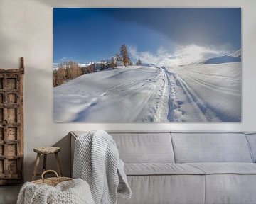 Sneeuwlandschap in de omgeving van Piz Val Müra, Zuoz, Oberengadin, Zwitserland van Rene van der Meer