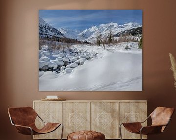Een besneeuwd Val Morteratsch, Pontresina, Oberengadin, Zwitserland van Rene van der Meer
