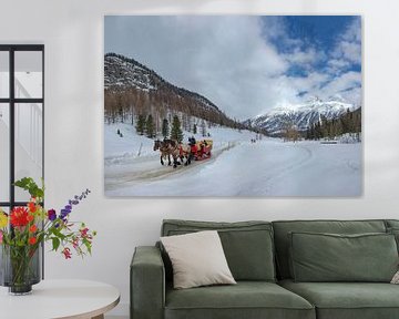 Val Roseg,  Slede met twee paarden, Pontresina, Oberengadin, Zwitserland van Rene van der Meer