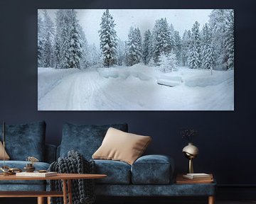 Zwaar besneeuwd naaldbos, Pontresina, Oberengadin, Zwitserland van Rene van der Meer