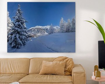 Zwaar besneeuwde bomen,  alpen bergrug, Pontresina, Oberengadin, Zwitserland van Rene van der Meer