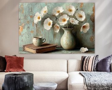 Witte Papavers in rustiek Groen no.1 van Studio BB