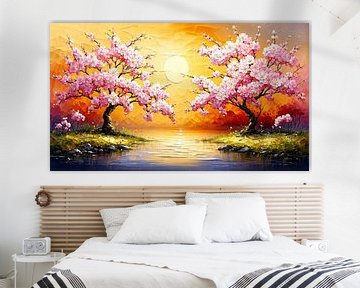 In de magie van de Japanse kersenbloesem - Japanse kersenbomen op stille eilandjes in een kalm meer, verenigd in de gouden gloed van de ondergaande zon van AidasignArt