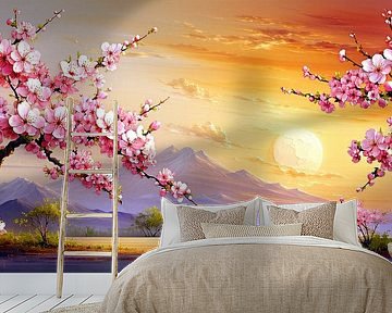 Japanische Zierkirsche – Sakura auf einsamen Inseln im stillen See, vereint im goldenen Abendlicht unter der untergehenden Sonne hinter majestätischer Berglandschaft von AidasignArt