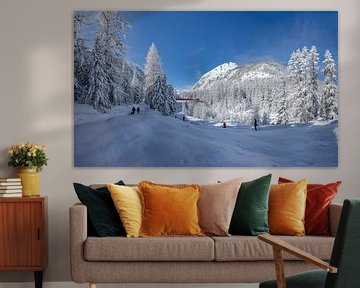 Zwaar besneeuwde bomen,  Val Roseg,  Trein Rhätische Bahn,  wandelaars,  langlauf, Pontresina, Oberengadin, Zwitserland van Rene van der Meer