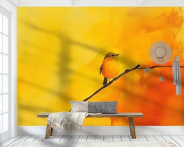 Roodborst vogel op een tak acryl geel