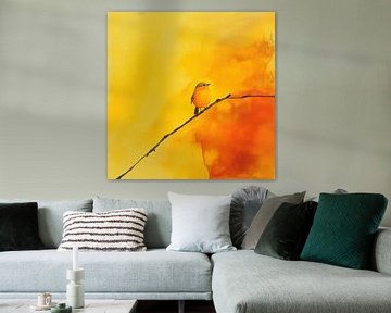 Roodborst vogel op een tak acryl geel van TheXclusive Art