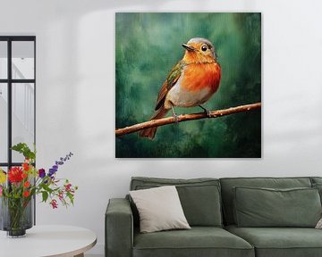 Roodborst vogel op een tak acryl groen van TheXclusive Art