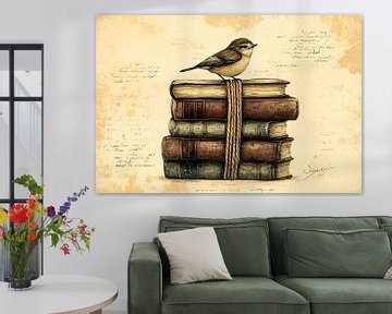 Vogel op boeken in sepia van Art & Soul Creations