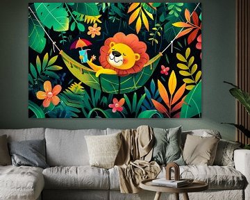 Relaxed lion in jungle hammock by Art & Soul Creations