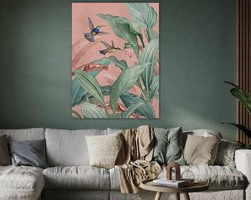 Vintage kolibries en tropische jungle bladeren en exotische bloemen roze van Bloomery Decor