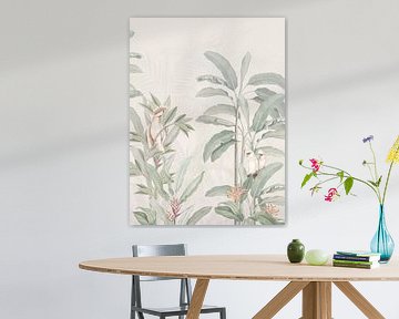 Witte kaketoe & papegaaien vogels in tropisch oerwoud gebladerte van Bloomery Decor