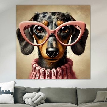 Dachshund looks through rose-coloured glasses by Marijke Trienekens