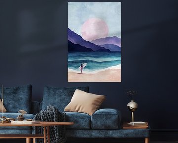 Surfer bij Roze Maan van Studio BB