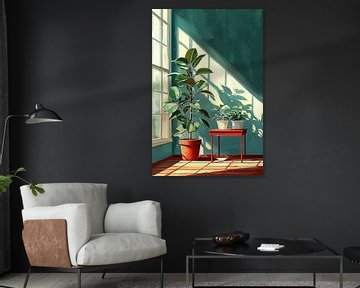 Ein ruhiges und minimalistisches Innenbild, in dem eine große Zimmerpflanze in einem Terrakottatopf im Mittelpunkt steht, getaucht in warmes Morgenlicht, das durch ein klassisches Fenster fällt. Auf einem leuchtend roten Beistelltisch stehen zwei kleinere Pflanzen, während die türkisfarbene Wand dem Ganzen eine moderne Note verleiht. Durch die Schatten der Pflanzen entsteht ein verspieltes Muster an der Wand, das für ein perfektes Zusammenspiel von Licht, Farbe und Natur sorgt. von Studio BB