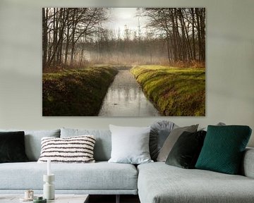 Symmetrische Landschaft mit Graben und Morgennebel - Bezaubernder Sonnenaufgang im Maulwurfswald von Karin van Es