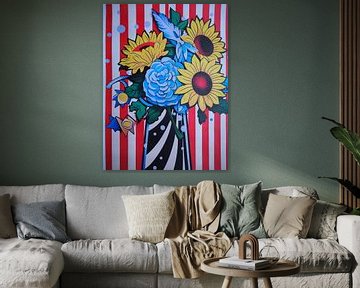 Pop-art bloemenvaas zonnebloemen streeppatroon grafisch van gm_designs