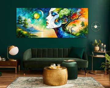 Een vrouwengezicht tussen aarde en kosmos - de stille samensmelting van mens en natuur in surrealistische harmonie