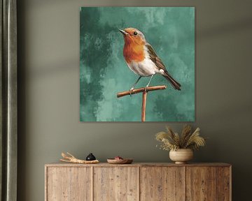 Roodborst vogel op een tak lichte groene kleuren van TheXclusive Art