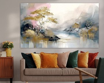 Japandi Art:  Sereen Japans Water-/Berglandschap van Studio Pieternel