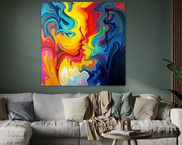Tussen warmte en koelte - abstracte gezichten in het moment voor de kus, versmolten in kleuren van passie en mysterie
