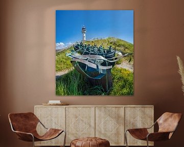 Het monument van de reddingsboten op zee bij de vuurtoren Jan van Speijk, Egmond aan Zee, , Noord-Holland van Rene van der Meer