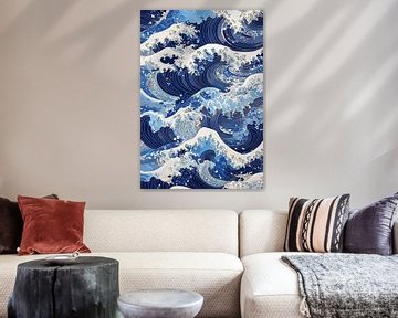 Blauwe en Witte Golven in Japans Patroon van Danny van Eldik - Perfect Pixel Design