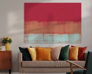 Abstract in wine red, terra and light blue. by Dina Dankers
