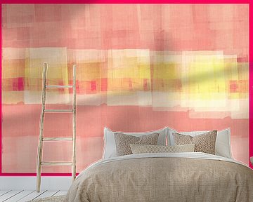 Abstrakt in Neonpink, Weiß und Gelb.