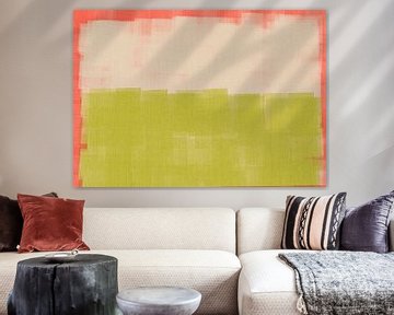 Abstract in groengeel, wit en neonkoraal. van Dina Dankers