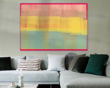 Abstract in geel, neonroze en lichtblauw. van Dina Dankers