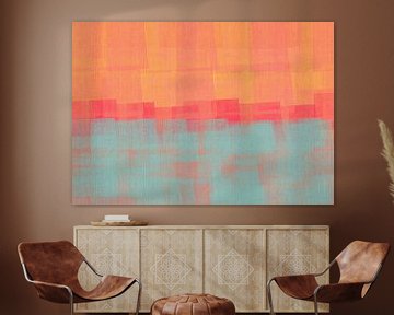 Abstract in oranje, neonroze en lichtblauw. van Dina Dankers