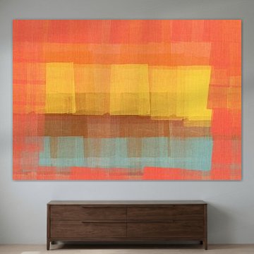 Abstrakt in Neonorange, Gelb, Terra und Hellblau. von Dina Dankers