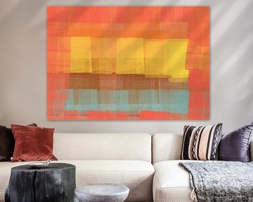 Abstract in neon oranje, geel, terra en lichtblauw. van Dina Dankers