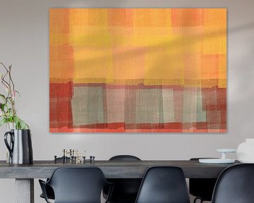 Abstract in warm geel, bruin, lichtblauw en rood. van Dina Dankers