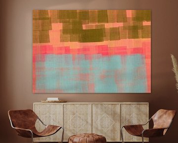 Abstract in mosgroen, oranje, roze en lichtblauw. van Dina Dankers