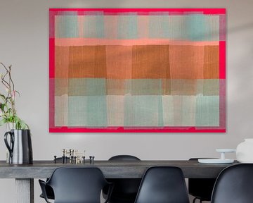 Abstract in neonrood, lichtblauw, roze en bruin. van Dina Dankers