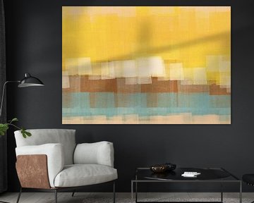 Abstract in neongeel, wit, bruin en lichtblauw. van Dina Dankers