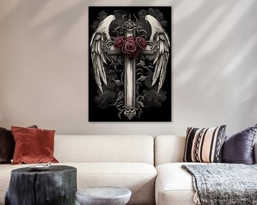 Kruis met rozen en engelenvleugels van Pixelbull Design
