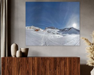 Besneeuwd dal in de Prättigau, Sankt Antönien, Graubünden, Zwitserland van Rene van der Meer