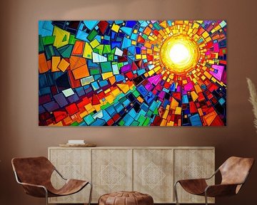 Abstract celestial magic - radiant sun in a mosaic of luminous glass shards and deep waves of colour
