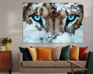 Leeuw close-up met blauwe ogen van Art & Soul Creations